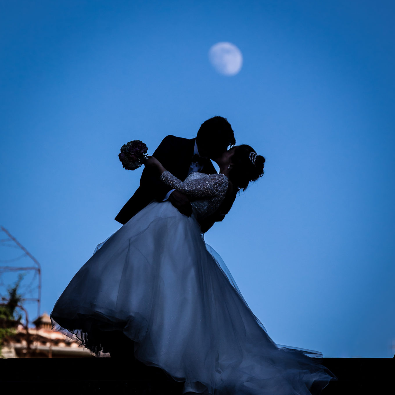 Silhouette degli sposi che si baciano sotto la luna